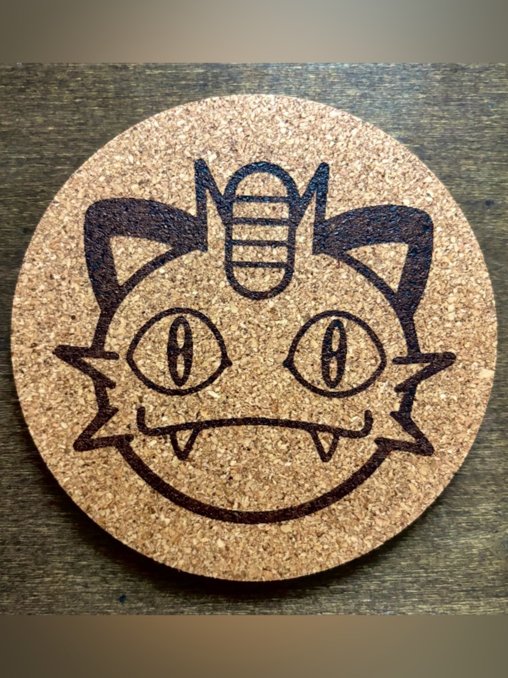 Pokemon Meowth Face Laser Engraved Cork Coaster